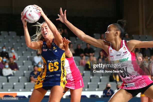 Cara Koenen of the Lightning catches the ball during the round 12 Super Netball match between Sunshine Coast Lightning and Adelaide Thunderbirds at...