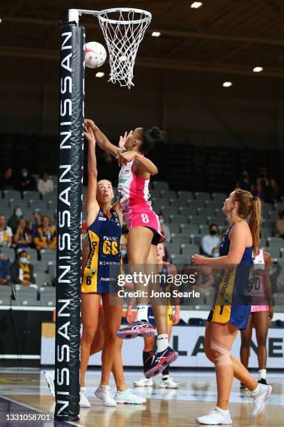 Cara Koenen of the Lightning shoots the ball during the round 12 Super Netball match between Sunshine Coast Lightning and Adelaide Thunderbirds at...