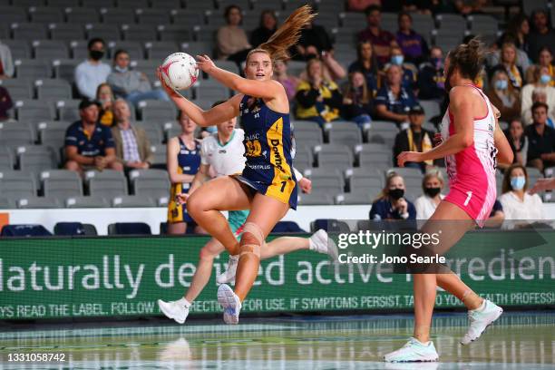 Stephanie Wood of the Lightning catches the ball during the round 12 Super Netball match between Sunshine Coast Lightning and Adelaide Thunderbirds...