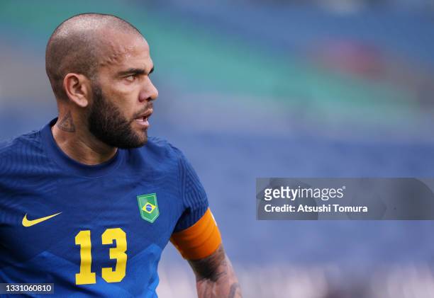 Dani Alves of Team Brazil looks on during the Men's First Round Group D match between Saudi Arabia and Brazil on day five of the Tokyo 2020 Olympic...