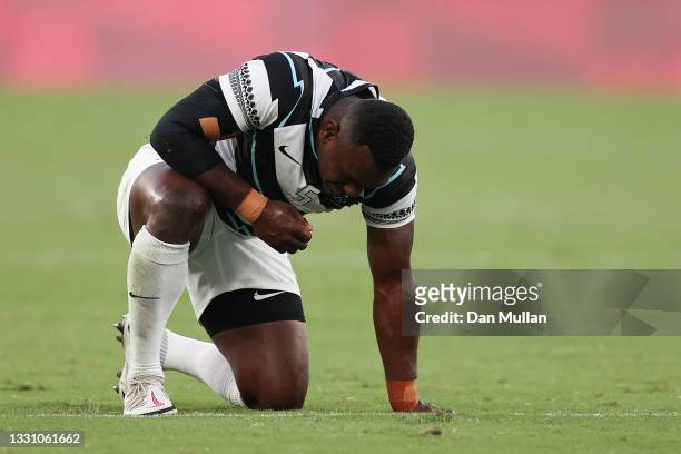 Asaeli Tuivuaka of Team Fiji reacts after his team's vicory during the Rugby Sevens Men's Gold Medal match between New Zealand and Fiji on day five...