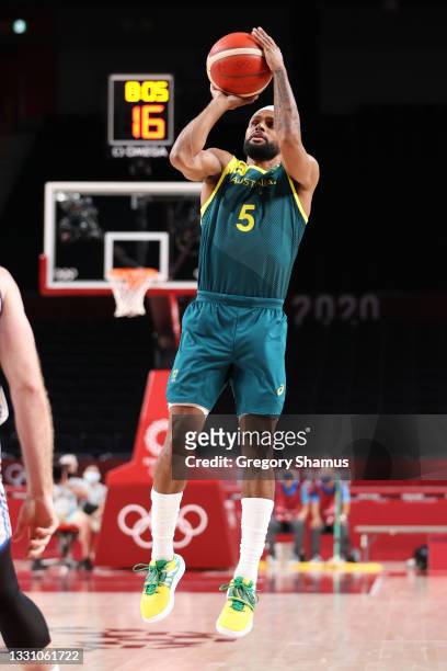 Patty Mills of Team Australia takes a jump shot against Italy during the first half of a Men's Preliminary Round Group B game on day five of the...