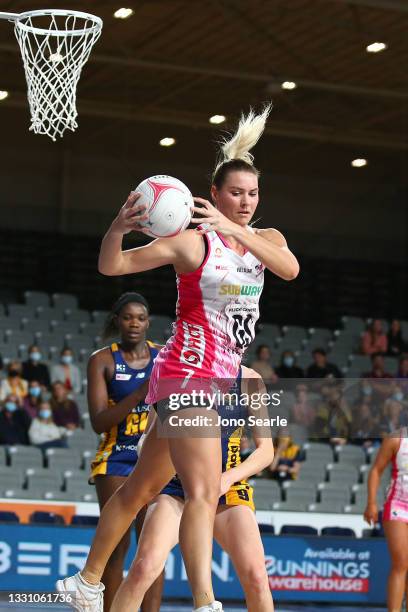 Lenize Potgieter of the Thunderbirds catches the ball during the round 12 Super Netball match between Sunshine Coast Lightning and Adelaide...