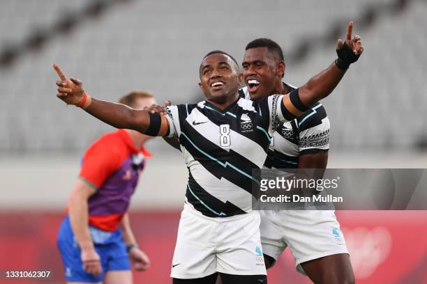 Waisea Nacuqu of Team Fiji celebrates during the Rugby Sevens Men's Gold Medal match between New Zealand and Fiji on day five of the Tokyo 2020...