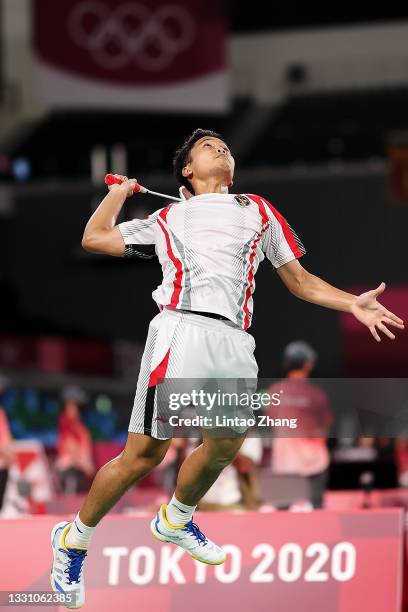 Anthony Sinisuka Ginting of Team Indonesia competes against Sergey Sirant of Team ROC during a Men’s Singles Group C match on day five of the Tokyo...