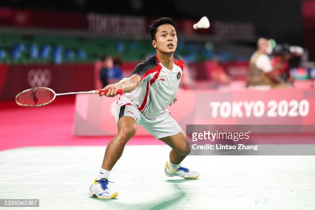 Anthony Sinisuka Ginting of Team Indonesia competes against Sergey Sirant of Team ROC during a Men’s Singles Group C match on day five of the Tokyo...
