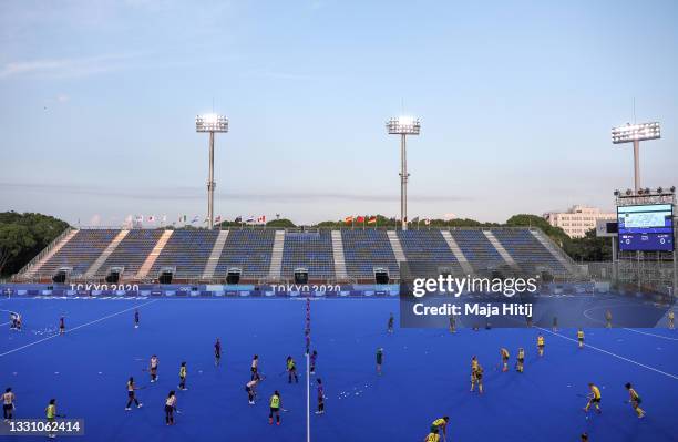 Players of both teams warm up prior to the Women's Preliminary Pool B match between Japan and Australia on day five of the Tokyo 2020 Olympic Games...