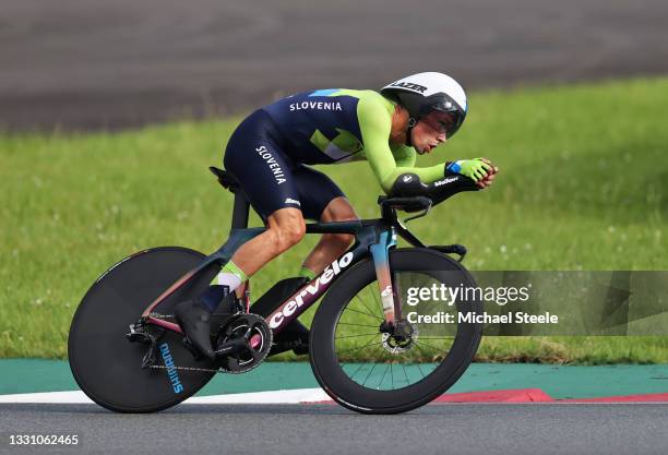 Primoz Roglic of Team Slovenia rides during the Men's Individual time trial on day five of the Tokyo 2020 Olympic Games at Fuji International...