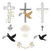 Funeral icons. Cross, dove, flower, bird. Mourning wishes, condolence