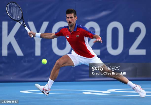 Novak Djokovic of Team Serbia plays a forehand during his Men's Singles Third Round match against Alejandro Davidovich Fokina of Team Spain on day...