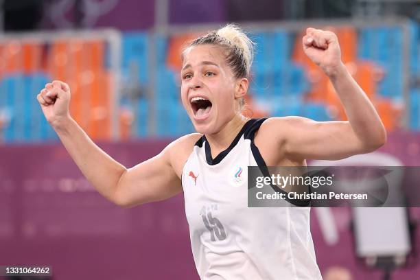 Olga Frolkina of Team ROC celebrates victory in the 3x3 Basketball competition on day five of the Tokyo 2020 Olympic Games at Aomi Urban Sports Park...