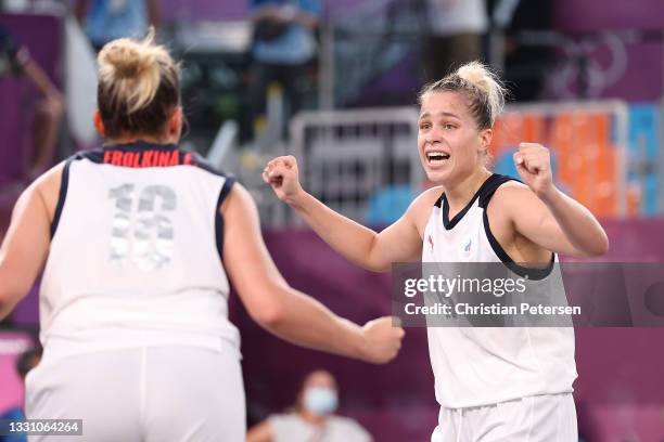 Olga Frolkina of Team ROC celebrates victory in the 3x3 Basketball competition on day five of the Tokyo 2020 Olympic Games at Aomi Urban Sports Park...