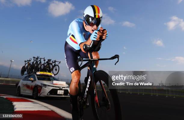 Wout van Aert of Team Belgium rides during the Men's Individual time trial on day five of the Tokyo 2020 Olympic Games at Fuji International Speedway...