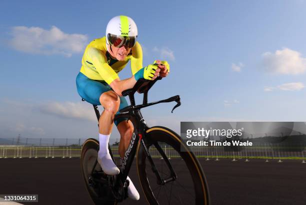 Rohan Dennis of Team Australia rides during the Men's Individual time trial on day five of the Tokyo 2020 Olympic Games at Fuji International...