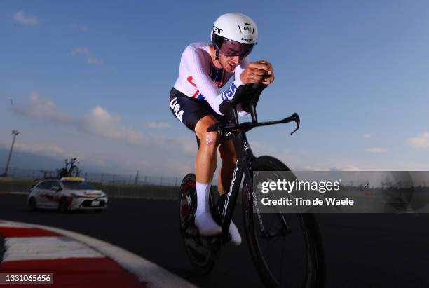 Brandon McNulty of Team United States rides during the Men's Individual time trial on day five of the Tokyo 2020 Olympic Games at Fuji International...