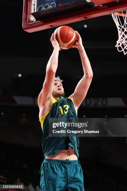 Jock Landale of Team Australia pulls down a rebound against Italy during the second half of a Men's Preliminary Round Group B game on day five of the...