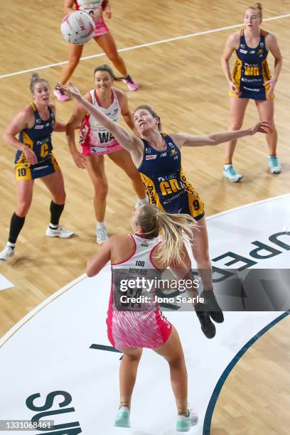 Karla Pretorius of the Lightning gets a touch during the round 12 Super Netball match between Sunshine Coast Lightning and Adelaide Thunderbirds at...