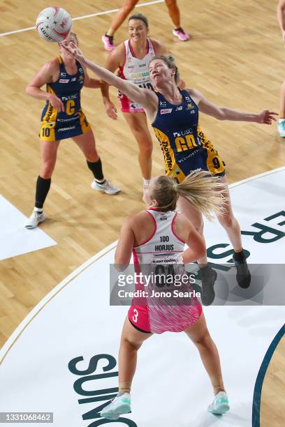 Karla Pretorius of the Lightning gets a touch during the round 12 Super Netball match between Sunshine Coast Lightning and Adelaide Thunderbirds at...