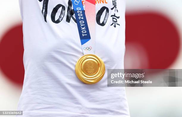 Detailed view of gold medalist Annemiek van Vleuten of Team Netherlands after the Women's Individual time trial on day five of the Tokyo 2020 Olympic...