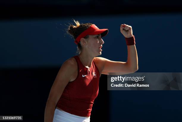 Belinda Bencic of Team Switzerland celebrates after a point during her Women's Singles Quarterfinal match against Anastasia Pavlyuchenkova of Team...