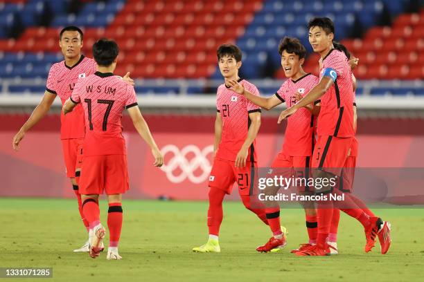 Jinya Kim of Team South Korea celebrates with teammates after scoring their side's fifth goal during the Men's Group B match between Republic of...