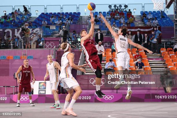 Karlis Lasmanis of Team Latvia shoots in the 3x3 Basketball competition on day five of the Tokyo 2020 Olympic Games at Aomi Urban Sports Park on July...