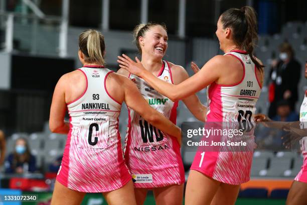 The Thunderbirds celebrate the win during the round 12 Super Netball match between Sunshine Coast Lightning and Adelaide Thunderbirds at Nissan...