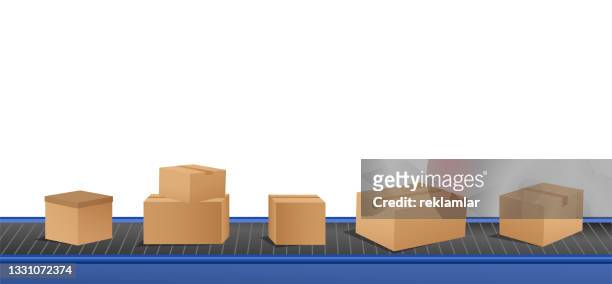 concepts of conveyor belt with cardboard boxes at factory, plant or warehouse. vector illustration of production line and cargo parcels moving on the moving container one after the other. - assembly belt stock illustrations