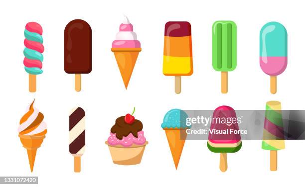ilustraciones, imágenes clip art, dibujos animados e iconos de stock de concepto de helado de frutas colorido y diverso. nueva colección de helados de dibujos animados con sabor a verano en estilo plano. ilustración vectorial de 12 piezas de delicioso helado colorido. - helado comida dulce congelada