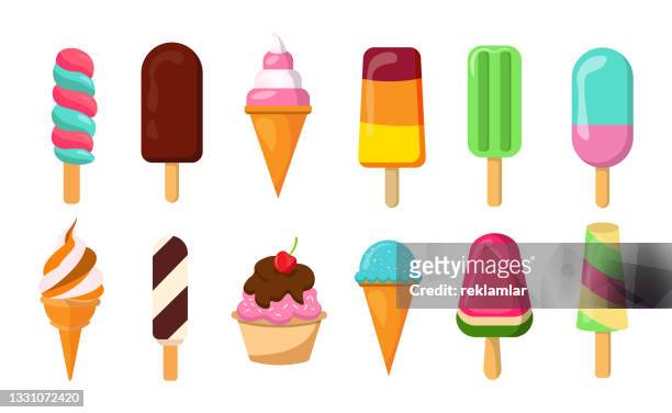 stockillustraties, clipart, cartoons en iconen met colorful and various fruit ice cream concept. summertime flavor new cartoon ice cream collection in flat style. vector illustration of 12 pieces of delicious colorful ice cream. - flavored ice