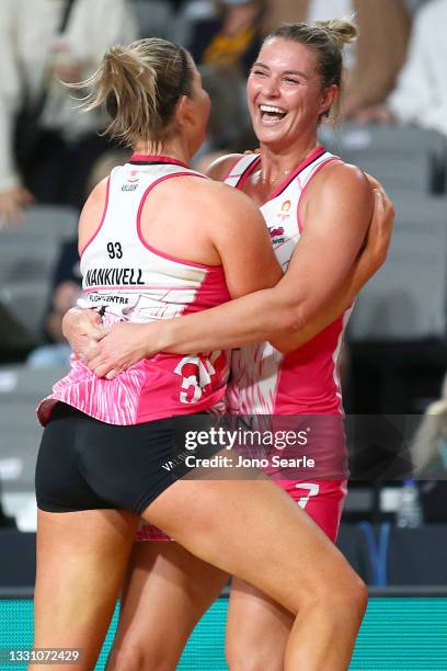 Lenize Potgieter of the Thunderbirds celebrates the win during the round 12 Super Netball match between Sunshine Coast Lightning and Adelaide...