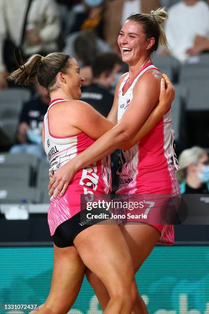 Lenize Potgieter of the Thunderbirds celebrates the win during the round 12 Super Netball match between Sunshine Coast Lightning and Adelaide...