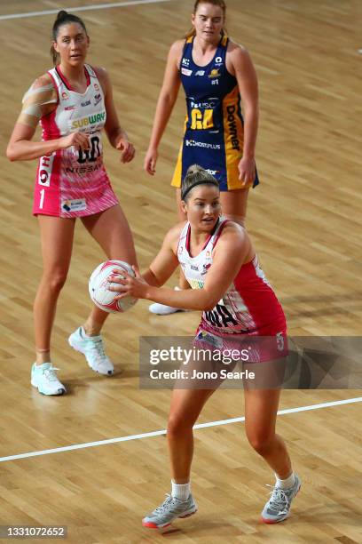 Maisie Nankivell of the Thunderbirds catches the ball during the round 12 Super Netball match between Sunshine Coast Lightning and Adelaide...