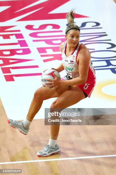 Maisie Nankivell of the Thunderbirds catches the ball during the round 12 Super Netball match between Sunshine Coast Lightning and Adelaide...