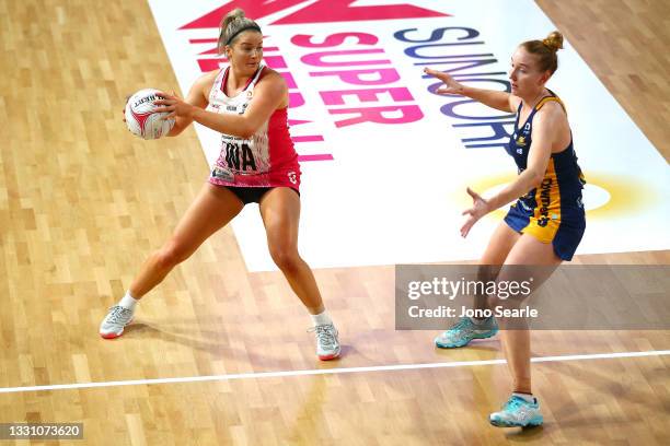 Maisie Nankivell of the Thunderbirds catches the ball during the round 12 Super Netball match between Sunshine Coast Lightning and Adelaide...