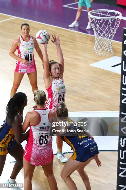 Georgie Horjus of the Thunderbirds shoots the ball during the round 12 Super Netball match between Sunshine Coast Lightning and Adelaide Thunderbirds...