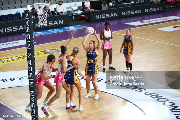 Stephanie Wood of the Lightning shoots the ball during the round 12 Super Netball match between Sunshine Coast Lightning and Adelaide Thunderbirds at...