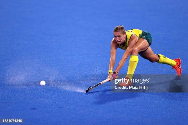 Kaitlin Nobbs of Team Australia passes the ball during the Women's Preliminary Pool B match between Japan and Australia on day five of the Tokyo 2020...