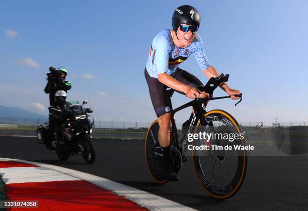 Remco Evenepoel of Team Belgium rides during the Men's Individual time trial on day five of the Tokyo 2020 Olympic Games at Fuji International...