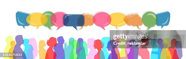 group of people in colorful silhouette without faces. group of people talking and thinking, friends with speech bubbles. possible use for friends communication concept. chat, dialogue or communication vector flat illustration at workplace or between frien - group discussion stock illustrations