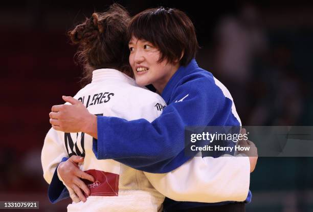 Chizuru Arai of Team Japan reacts after defeating Michaela Polleres of Team Austria during the Women’s Judo 70kg Final on day five of the Tokyo 2020...