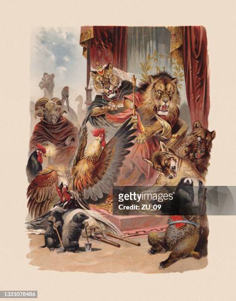 ilustraciones, imágenes clip art, dibujos animados e iconos de stock de reynard acusado, escena de "reynard el zorro", publicado 1898 - funny bear