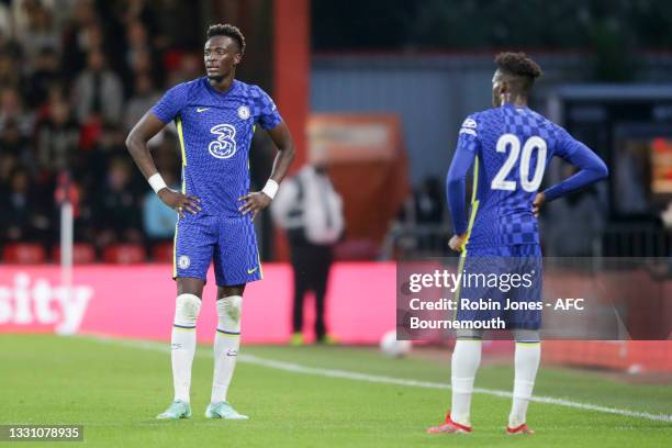 Tammy Abraham and Callum Hudson-Odoi of Chelsea during friendly fixture between AFC Bournemouth and Chelsea at Vitality Stadium on July 27, 2021 in...