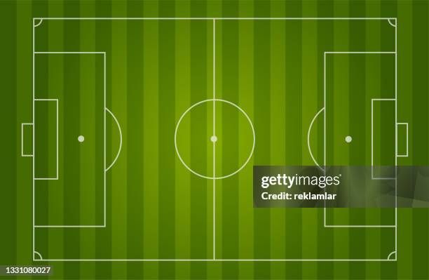 football field concept. vector illustration of classic soccer field with two tone green finish. football and match icon. - international soccer event stock illustrations