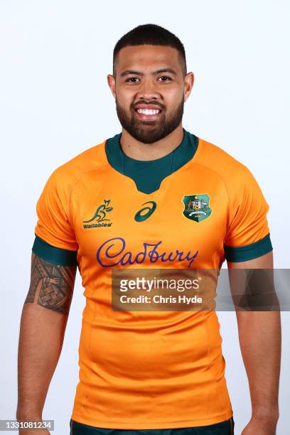 Duncan Paia'aua poses during the Australian Wallabies team headshots session on July 28, 2021 in Coomera, Australia.