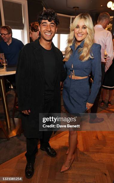 Karim Zeroual and Ashley Roberts attend a brunch to celebrate the partnership between World Mobile and Fulham FC at Craven Cottage on July 28, 2021...