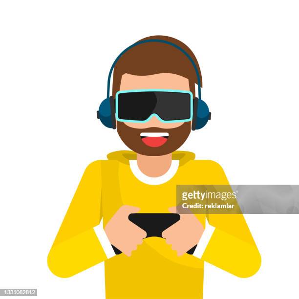 illustrations, cliparts, dessins animés et icônes de jeune homme avec des écouteurs jouant à un jeu de simulation de réalité virtuelle 3d. concept de vecteur de divertissement numérique. dispositif de jeu de nouveauté, illustration de jeu de nouvelle génération en réalité virtuelle. - casques réalité virtuelle