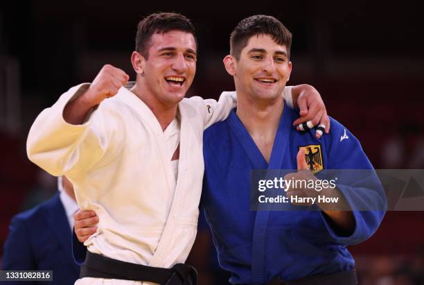 Lasha Bekauri of Team Georgia celebrates after defeating Eduard Trippel of Team Germany during the Men’s Judo 90kg Final on day five of the Tokyo...