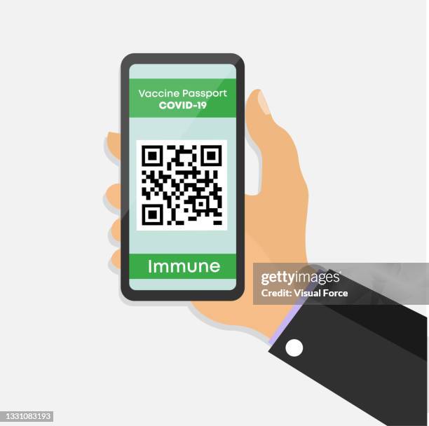concept of scanning qr code from mobile phone. new normalization identity. vaccine id qr code. coronavirus vaccine passport. barcode scanning qr code in smartphone app. smartphone illustration and vector with qr code on screen. - touching virtual screen stock illustrations