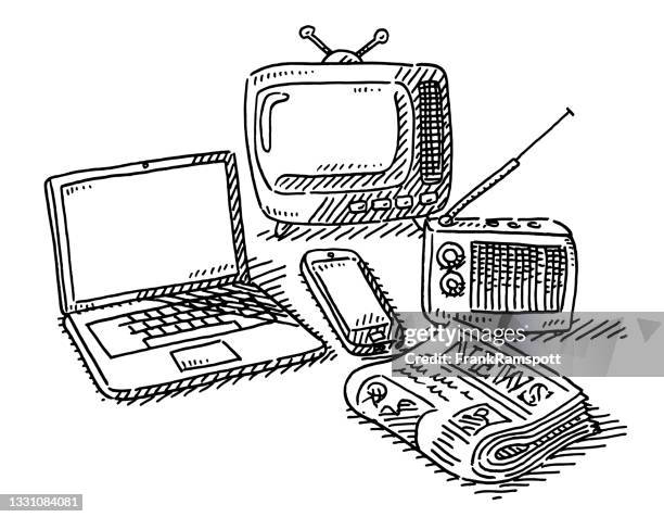 bildbanksillustrationer, clip art samt tecknat material och ikoner med old and new types of media drawing - radio och tv utsändning